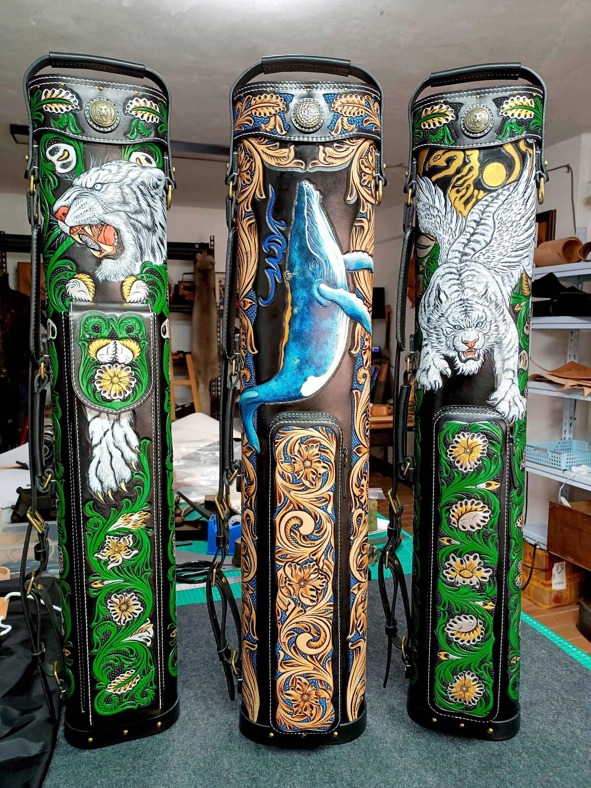 Hand-Carved White Tiger Leather Billiard Cue Case – 6-Slot Customizable Design with Brass Hardware | Premium Protection & Artistry