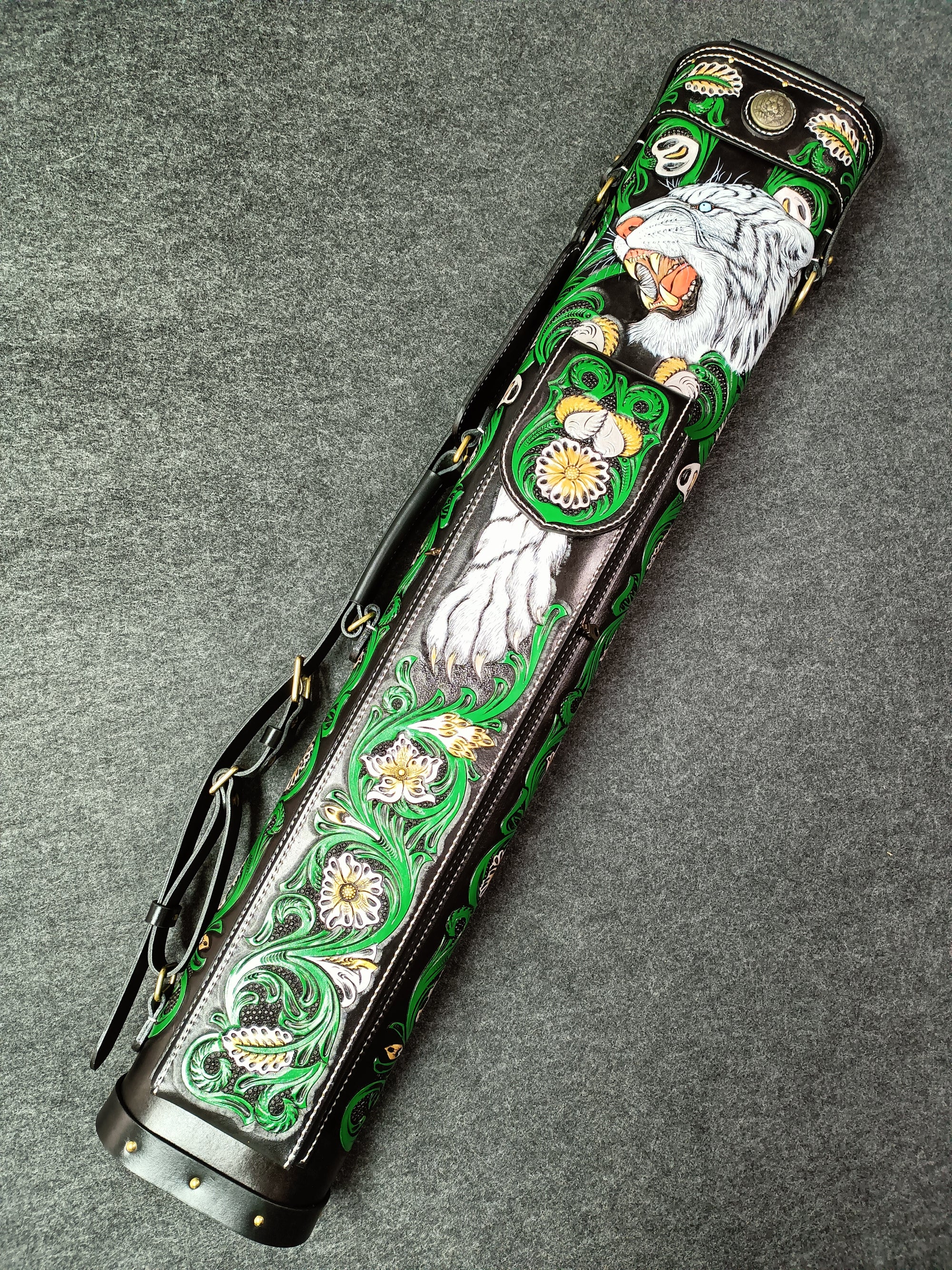 Hand-Carved White Tiger Leather Billiard Cue Case – 6-Slot Customizable Design with Brass Hardware | Premium Protection & Artistry