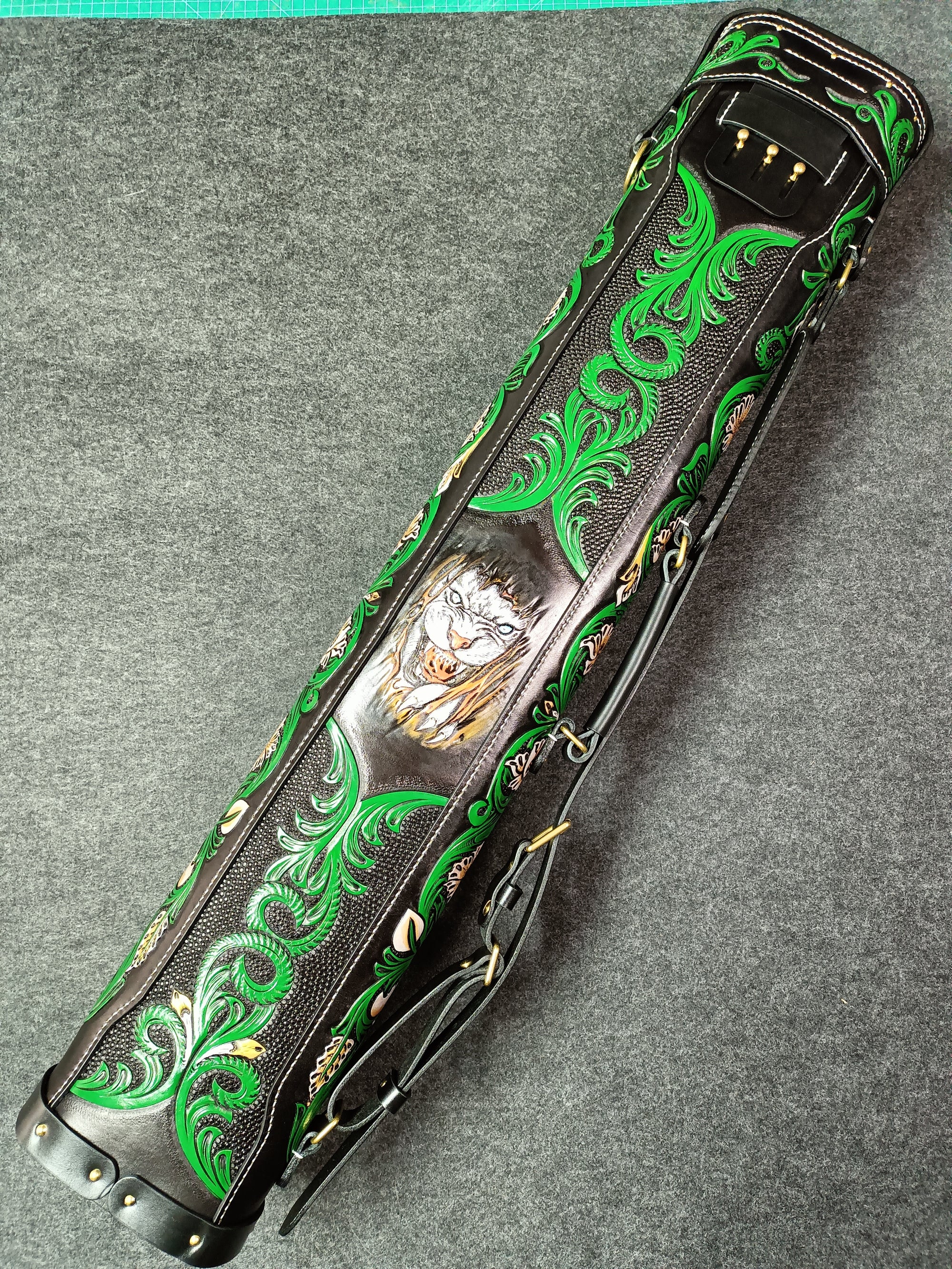 Hand-Carved White Tiger Leather Billiard Cue Case – 6-Slot Customizable Design with Brass Hardware | Premium Protection & Artistry